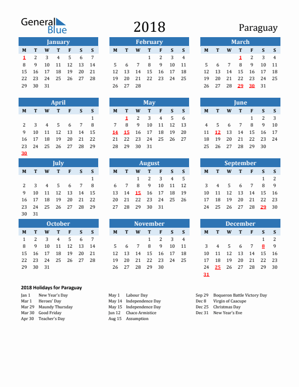 Printable Calendar 2018 with Paraguay Holidays (Monday Start)
