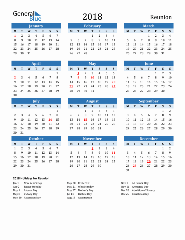 Printable Calendar 2018 with Reunion Holidays (Monday Start)