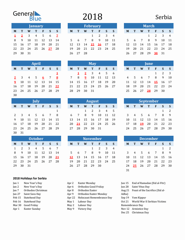 Printable Calendar 2018 with Serbia Holidays (Monday Start)