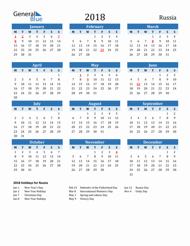 Printable Calendar 2018 with Russia Holidays (Monday Start)