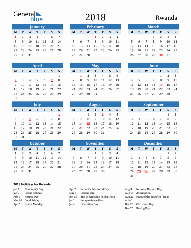 Printable Calendar 2018 with Rwanda Holidays (Monday Start)