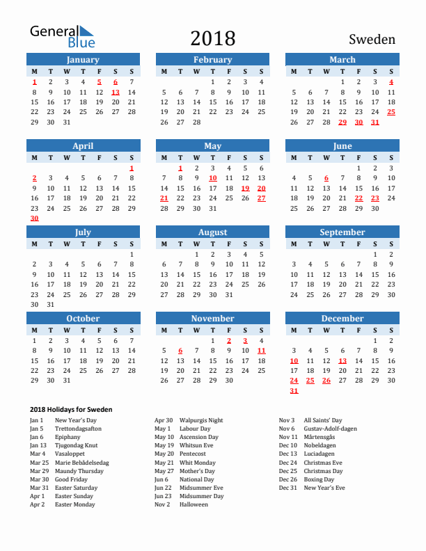 Printable Calendar 2018 with Sweden Holidays (Monday Start)