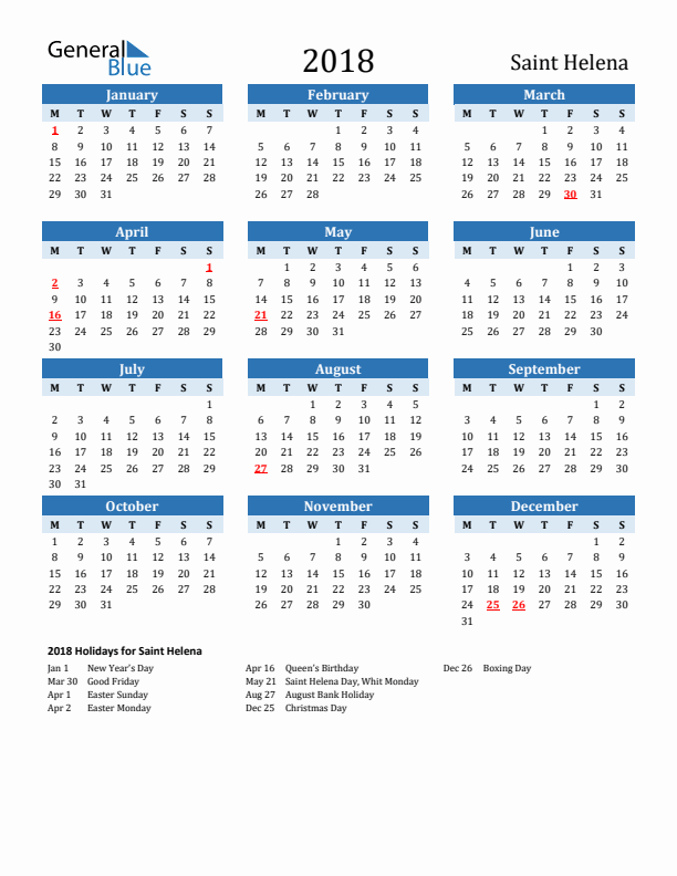Printable Calendar 2018 with Saint Helena Holidays (Monday Start)