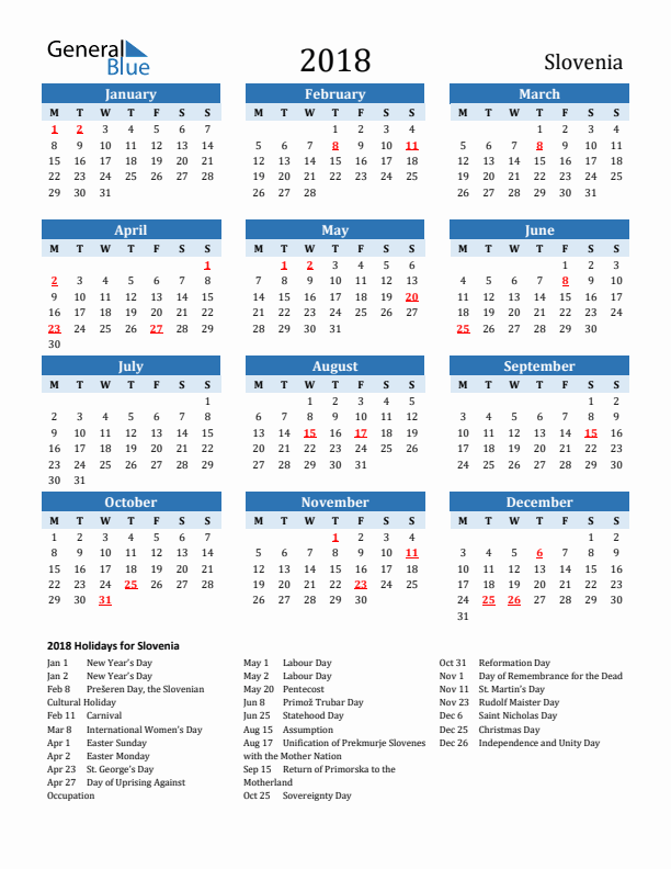 Printable Calendar 2018 with Slovenia Holidays (Monday Start)