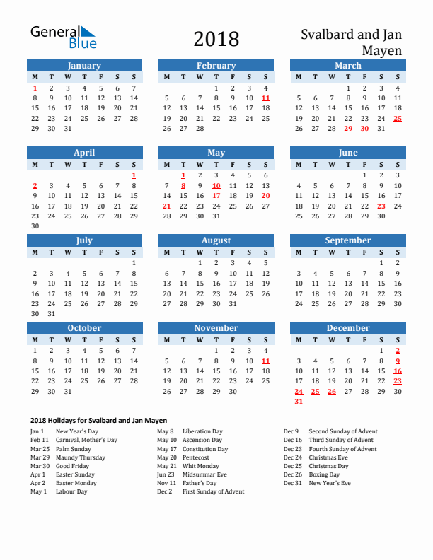 Printable Calendar 2018 with Svalbard and Jan Mayen Holidays (Monday Start)