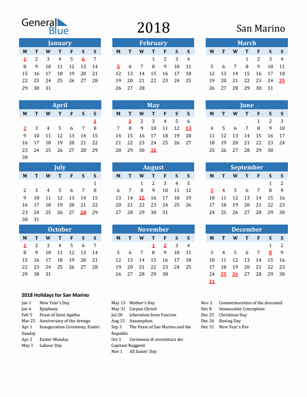 Printable Calendar 2018 with San Marino Holidays (Monday Start)