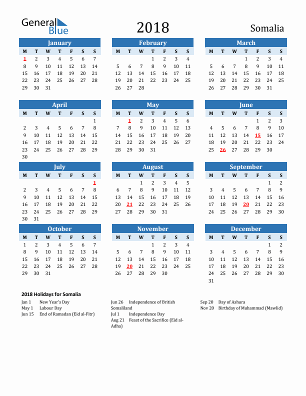 Printable Calendar 2018 with Somalia Holidays (Monday Start)