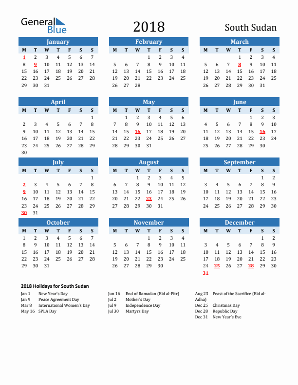 Printable Calendar 2018 with South Sudan Holidays (Monday Start)
