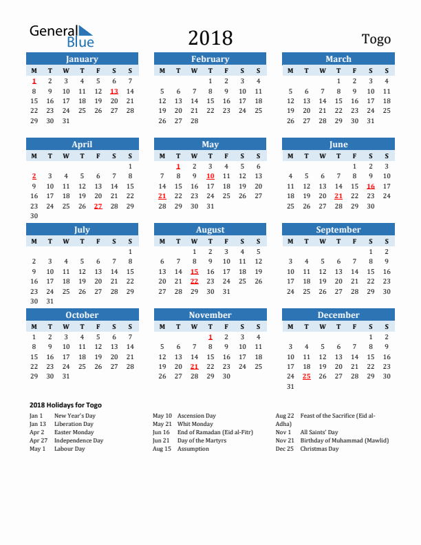 Printable Calendar 2018 with Togo Holidays (Monday Start)