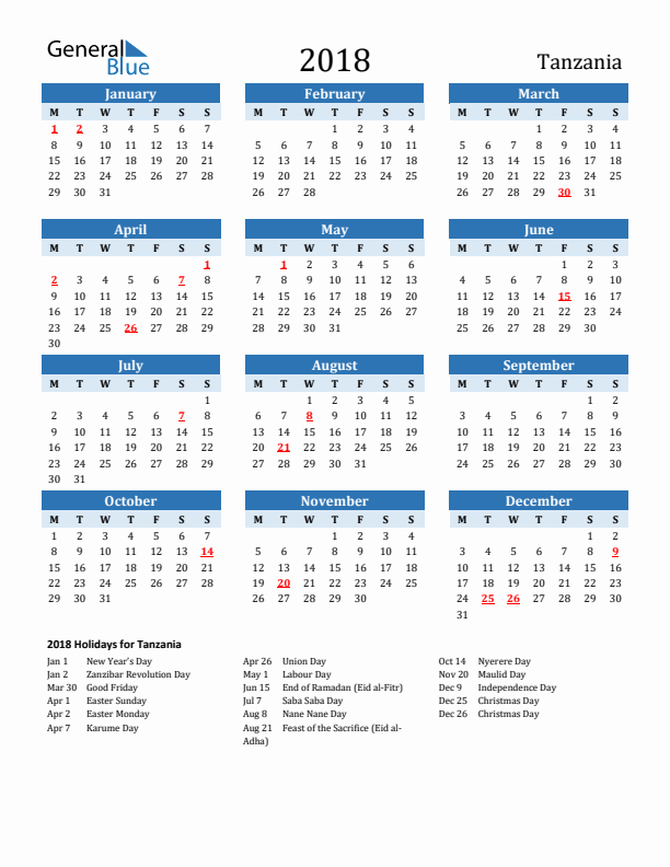 Printable Calendar 2018 with Tanzania Holidays (Monday Start)