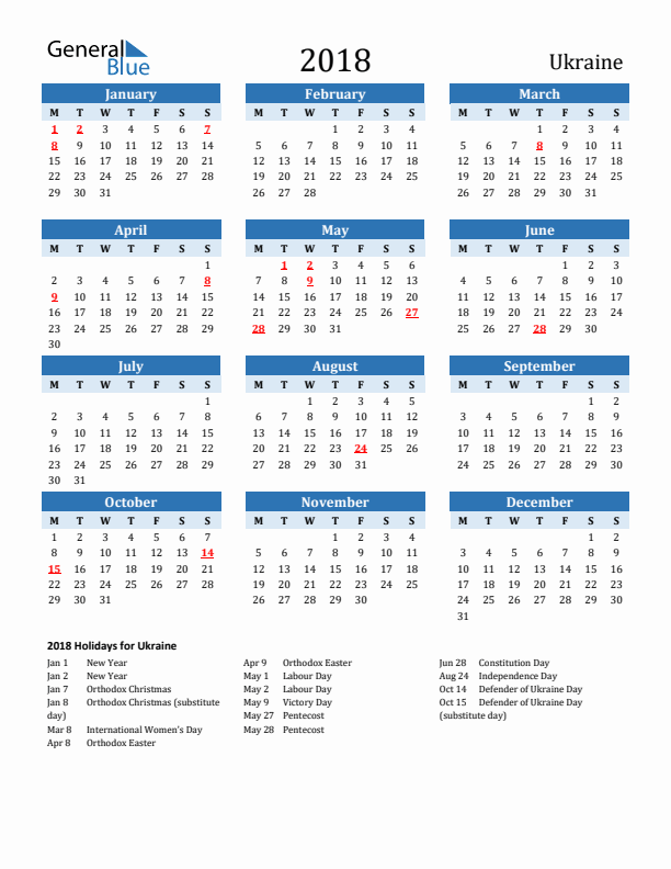 Printable Calendar 2018 with Ukraine Holidays (Monday Start)