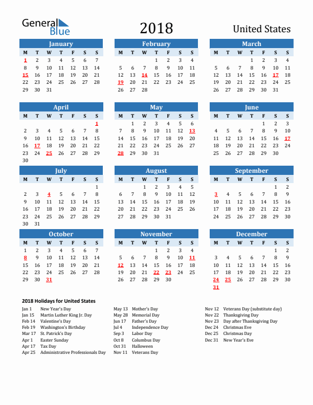 Printable Calendar 2018 with United States Holidays (Monday Start)