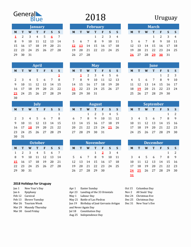 Printable Calendar 2018 with Uruguay Holidays (Monday Start)