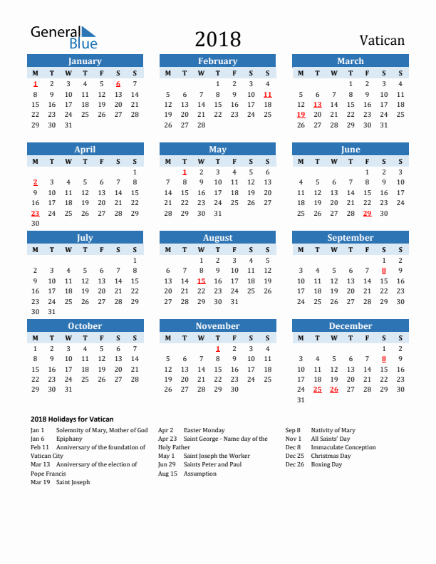 Printable Calendar 2018 with Vatican Holidays (Monday Start)