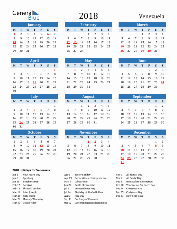 Printable Calendar 2018 with Venezuela Holidays (Monday Start)