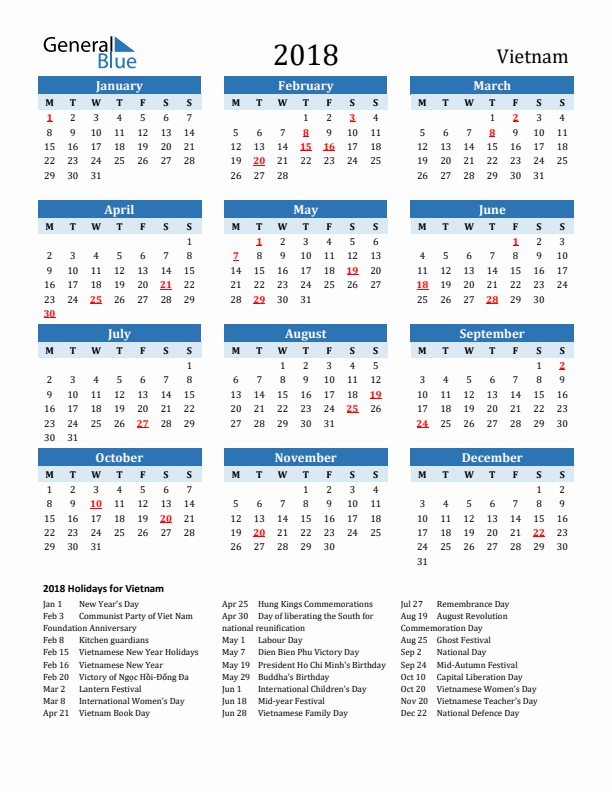 Printable Calendar 2018 with Vietnam Holidays (Monday Start)