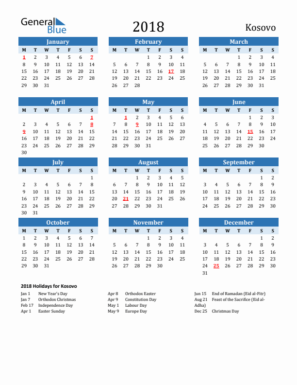 Printable Calendar 2018 with Kosovo Holidays (Monday Start)