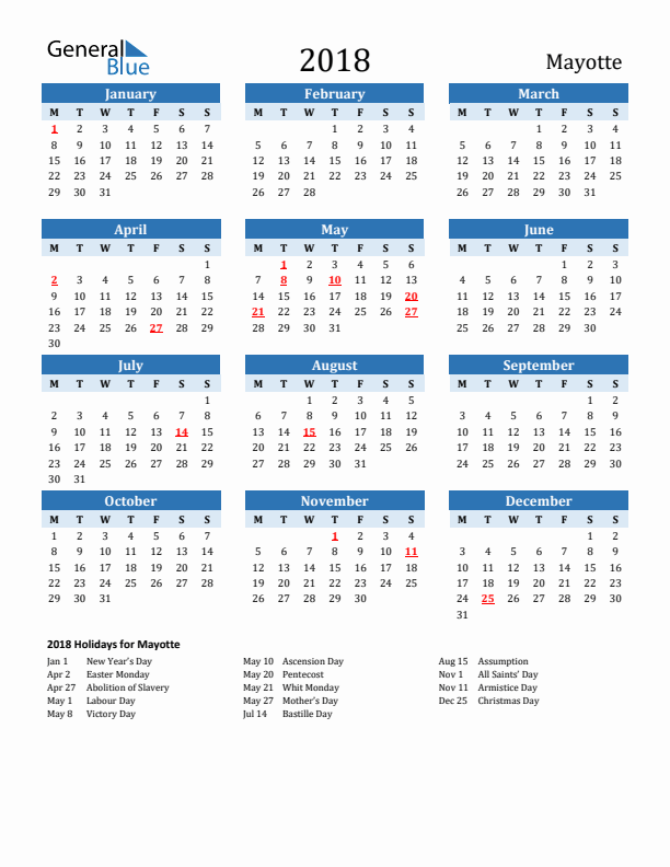 Printable Calendar 2018 with Mayotte Holidays (Monday Start)