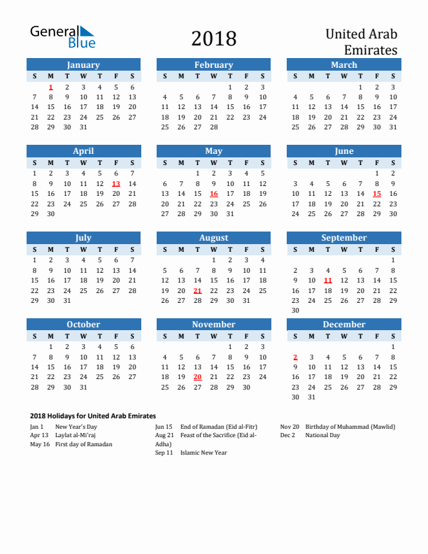 Printable Calendar 2018 with United Arab Emirates Holidays (Sunday Start)