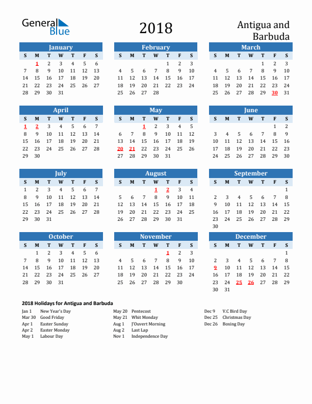 Printable Calendar 2018 with Antigua and Barbuda Holidays (Sunday Start)