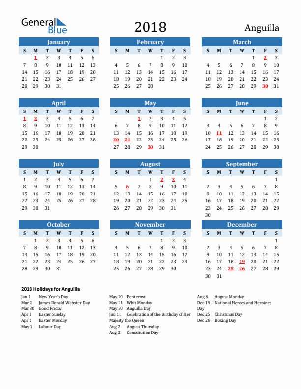 Printable Calendar 2018 with Anguilla Holidays (Sunday Start)