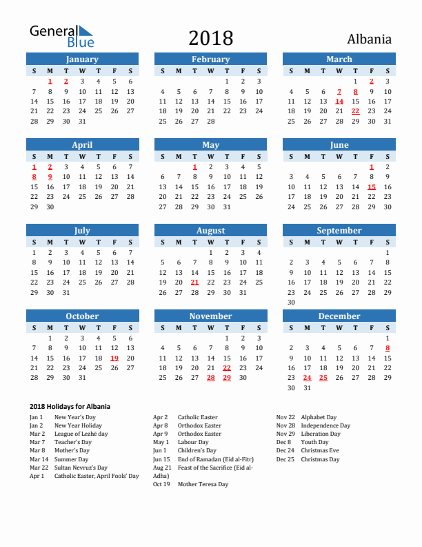 Printable Calendar 2018 with Albania Holidays (Sunday Start)