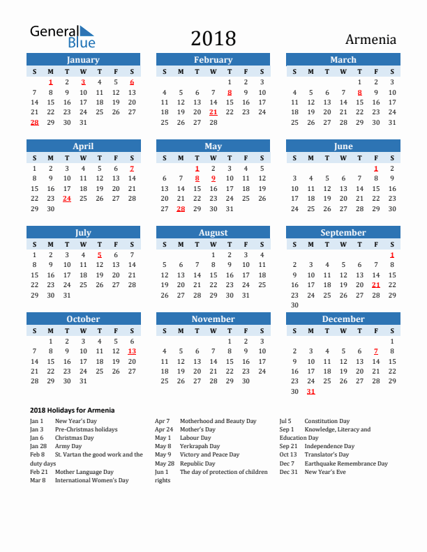 Printable Calendar 2018 with Armenia Holidays (Sunday Start)