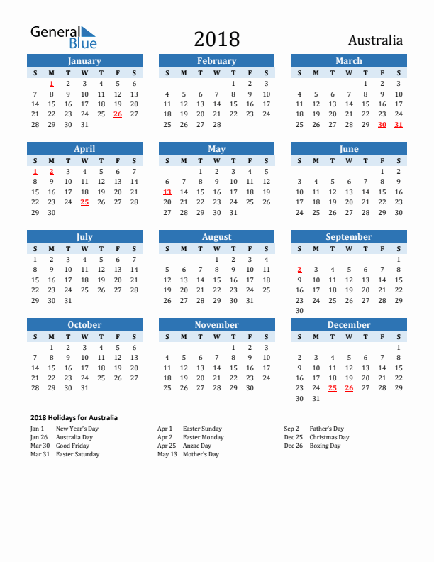 Printable Calendar 2018 with Australia Holidays (Sunday Start)