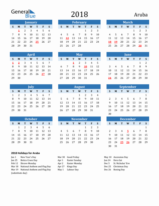 Printable Calendar 2018 with Aruba Holidays (Sunday Start)