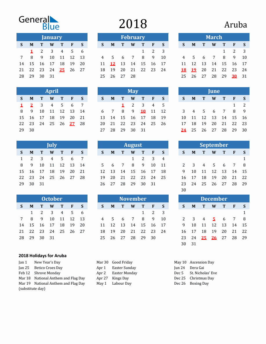 2018 Printable Calendar With Aruba Holidays