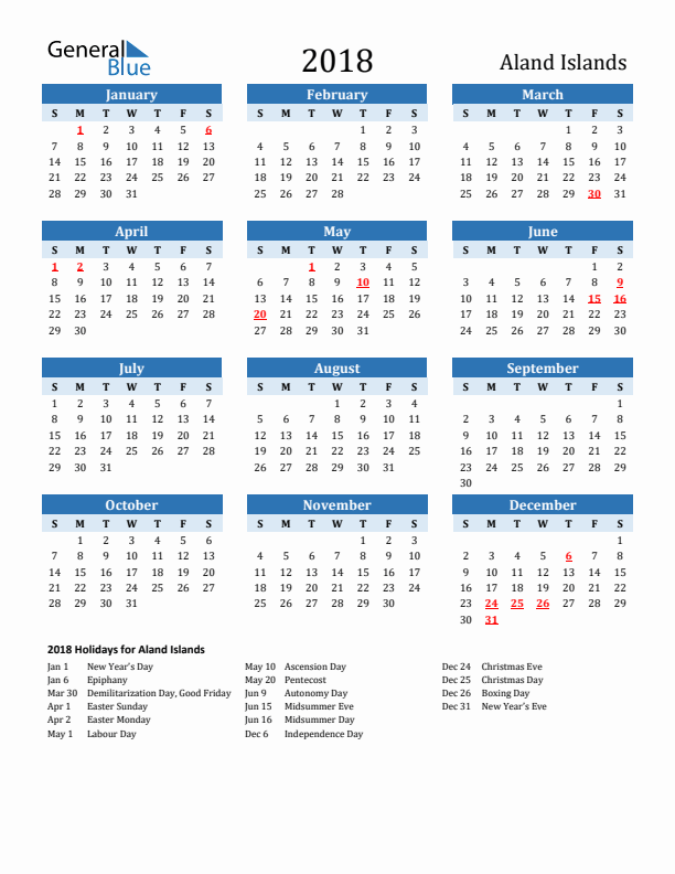 Printable Calendar 2018 with Aland Islands Holidays (Sunday Start)
