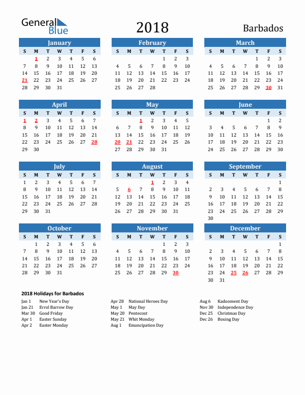 Printable Calendar 2018 with Barbados Holidays (Sunday Start)