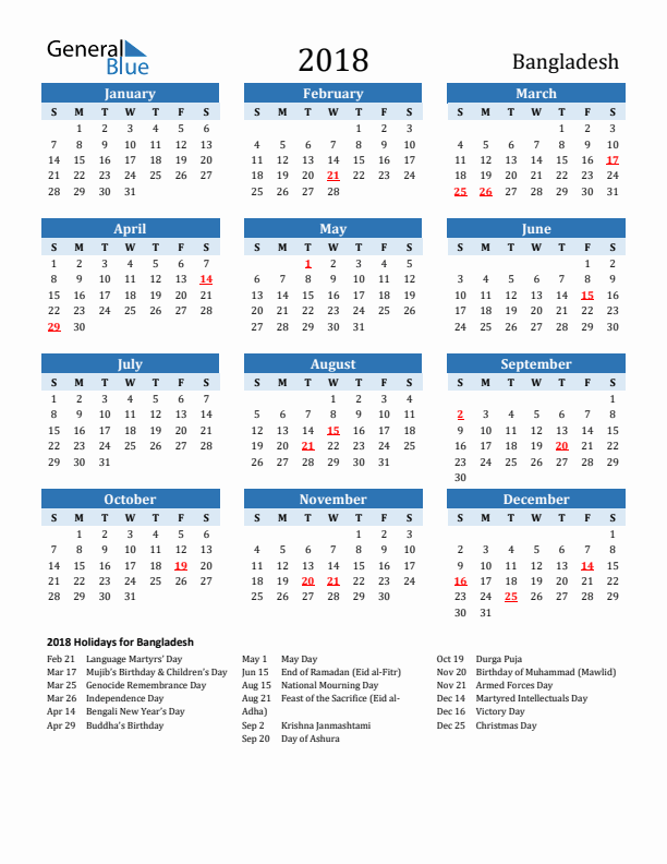 Printable Calendar 2018 with Bangladesh Holidays (Sunday Start)