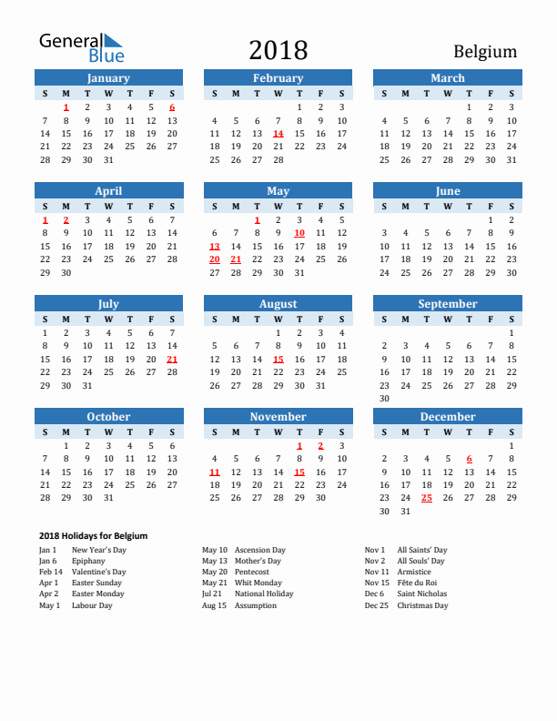 Printable Calendar 2018 with Belgium Holidays (Sunday Start)