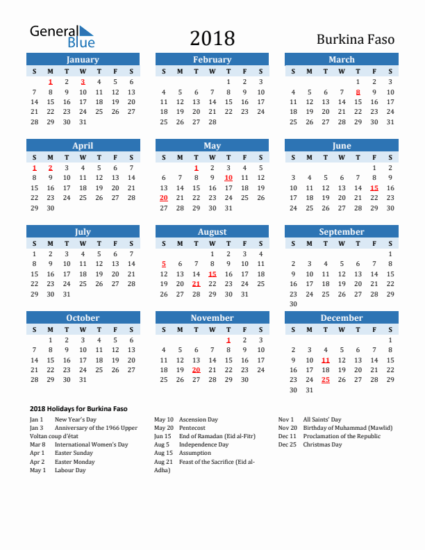 Printable Calendar 2018 with Burkina Faso Holidays (Sunday Start)