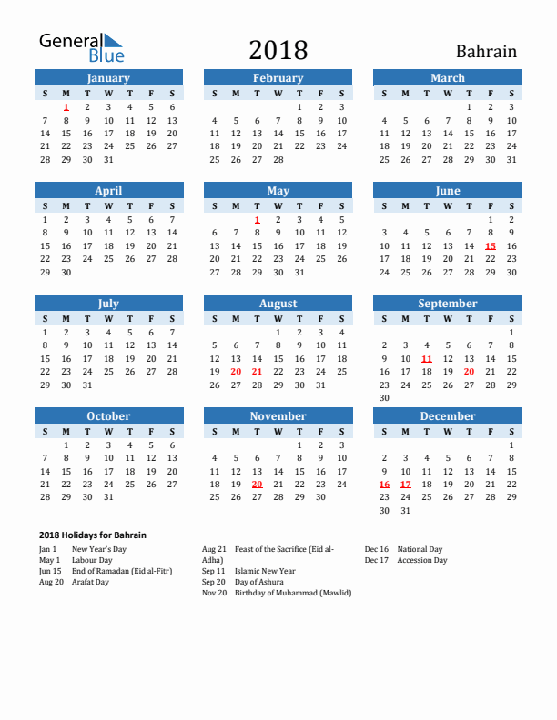 Printable Calendar 2018 with Bahrain Holidays (Sunday Start)