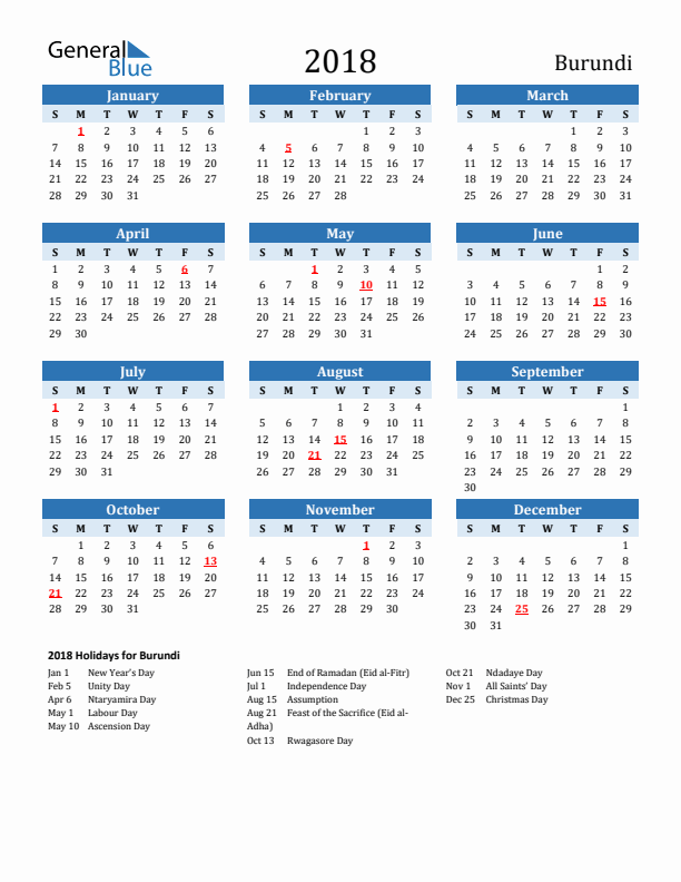 Printable Calendar 2018 with Burundi Holidays (Sunday Start)
