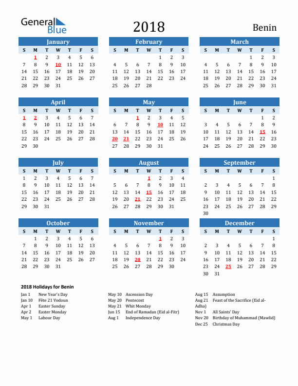 Printable Calendar 2018 with Benin Holidays (Sunday Start)