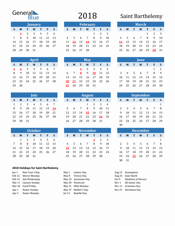 Printable Calendar 2018 with Saint Barthelemy Holidays (Sunday Start)
