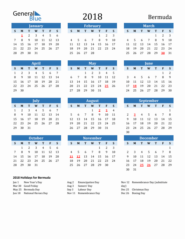 Printable Calendar 2018 with Bermuda Holidays (Sunday Start)