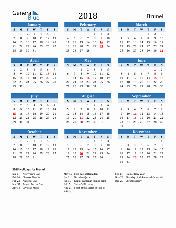 Printable Calendar 2018 with Brunei Holidays (Sunday Start)