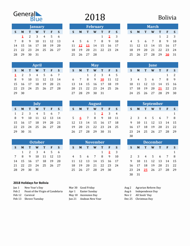 Printable Calendar 2018 with Bolivia Holidays (Sunday Start)