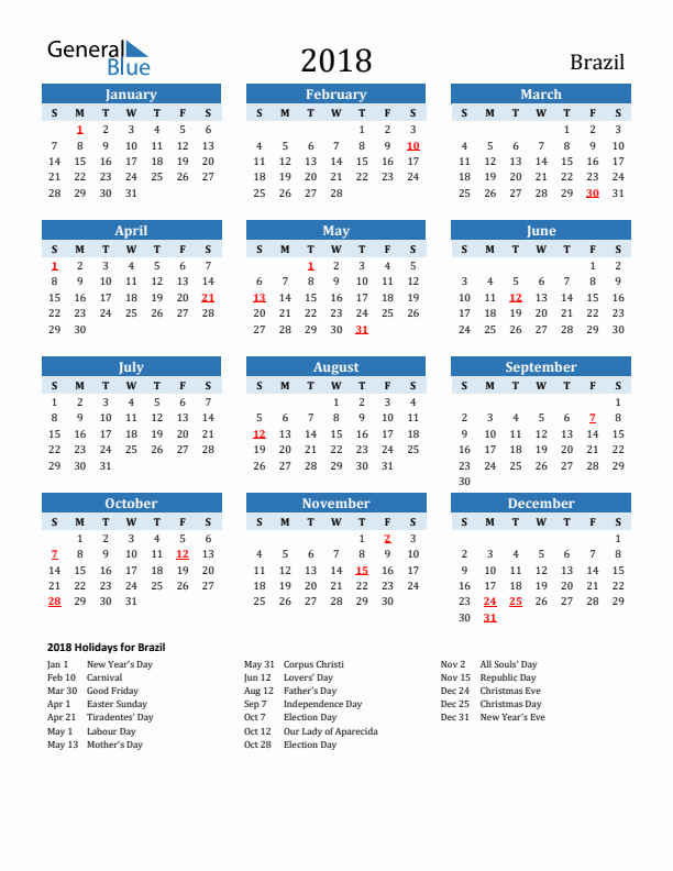 Printable Calendar 2018 with Brazil Holidays (Sunday Start)