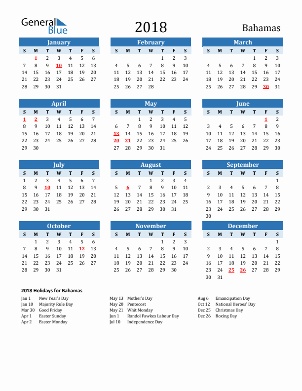 Printable Calendar 2018 with Bahamas Holidays (Sunday Start)