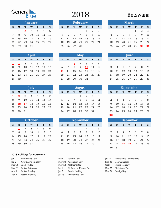 Printable Calendar 2018 with Botswana Holidays (Sunday Start)