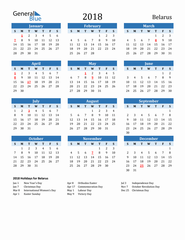 Printable Calendar 2018 with Belarus Holidays (Sunday Start)