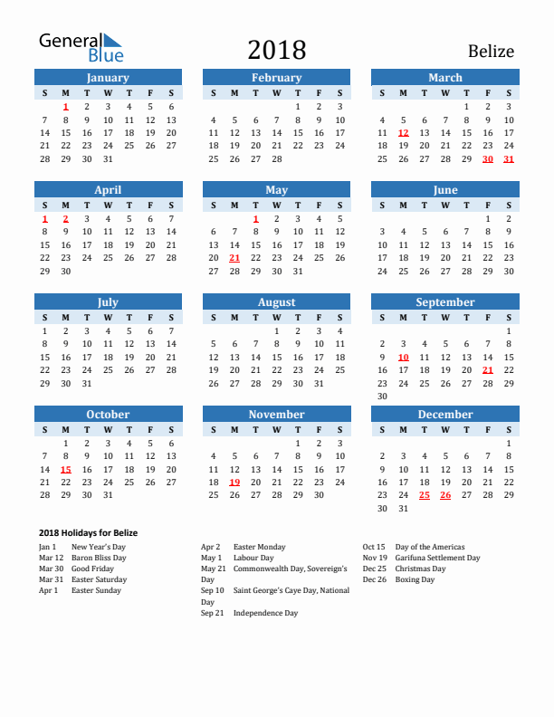 Printable Calendar 2018 with Belize Holidays (Sunday Start)