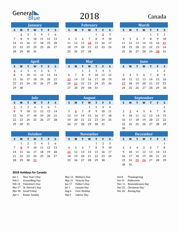 Printable Calendar 2018 with Canada Holidays (Sunday Start)
