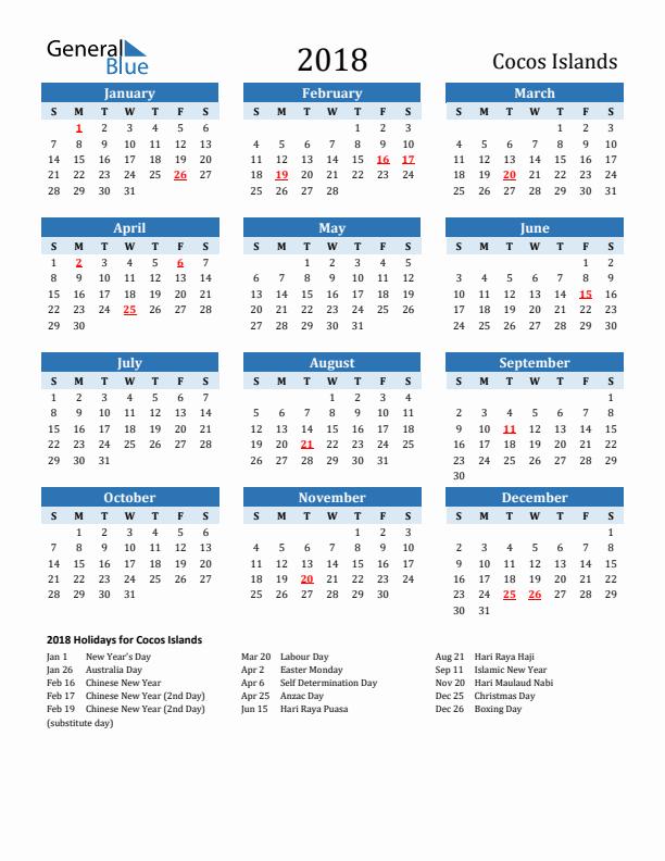 Printable Calendar 2018 with Cocos Islands Holidays (Sunday Start)
