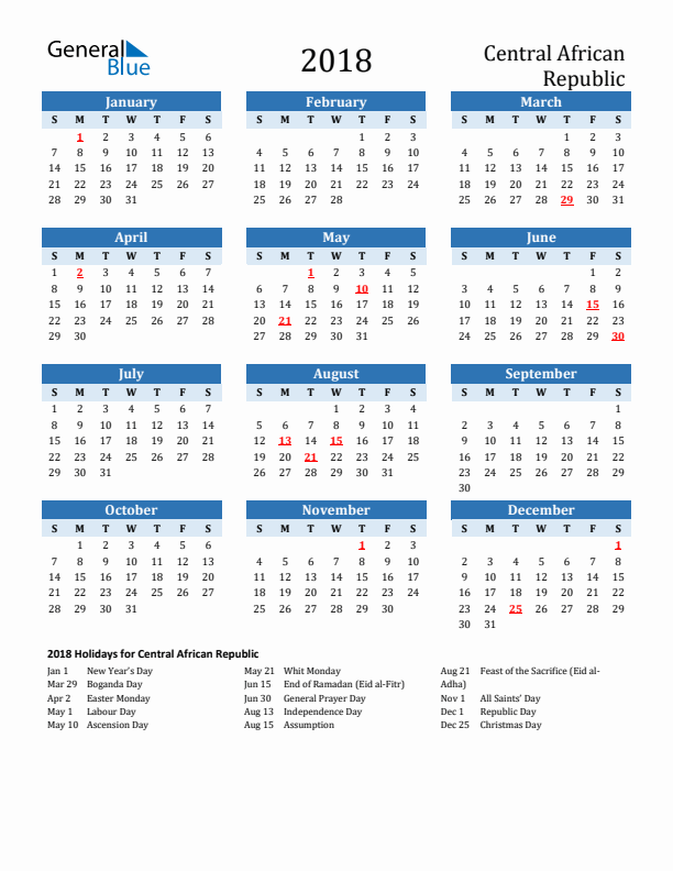 Printable Calendar 2018 with Central African Republic Holidays (Sunday Start)